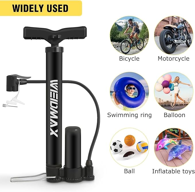 Bike Pump Portable, Bike Tire Inflator, Bicycle Hand Air Pump with Presta and Schrader, Ball Pump Inflator Bicycle Floor Pump Suitable for Baby Stroller Tires, Balls, Road and Mountain Bikes