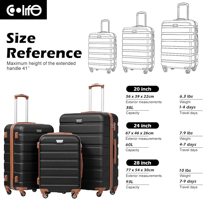 Coolife Luggage 3 Piece Set Suitcase Spinner Hardshell Lightweight TSA Lock