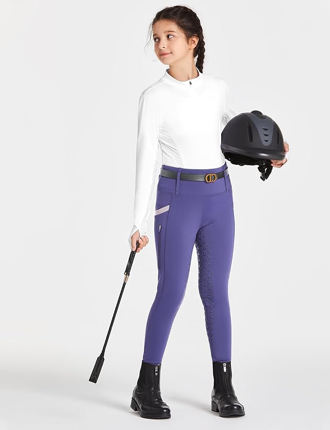 FitsT4 Sports Girls Riding Pants Full Seat High Waist Kids Equestrian Breeches Horse Schooling Tights Zipper Pockets