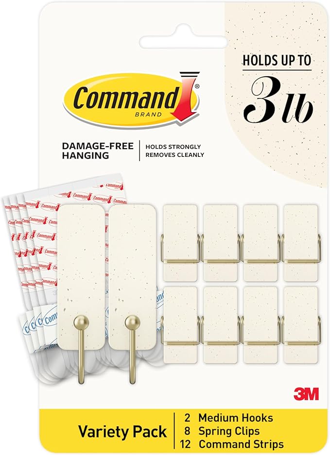 Command Mixed Hook Pack, Cream Speckle, 2 Medium Hooks, 8 Spring Clips, Great for Hanging Christmas Decorations