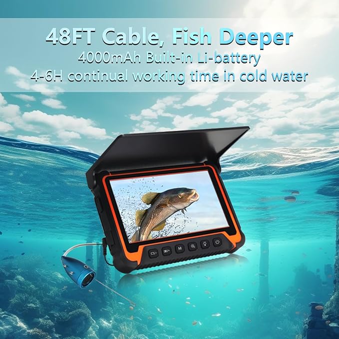 水中釣りカメラ、7インチIPSスクリーン魚群探知機、12個の赤外線ライト付き1000TVLアイスフィッシングカメラ、6時間バッテリー、USB-C充電、湖、ボート、アイスフィッシング用48フィート/14.6Mケーブル