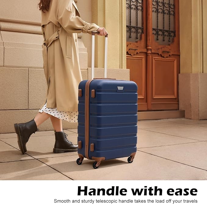 Coolife Luggage 3 Piece Set Suitcase Spinner Hardshell Lightweight TSA Lock (apricot navy,20/24/28)