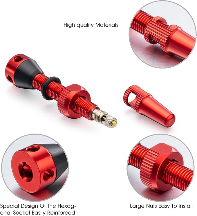 HZJD 2PCS Tubeless Valves, Red, Alloy Presta Valve Stem, Integrated Core Removal Tool(44 mm)