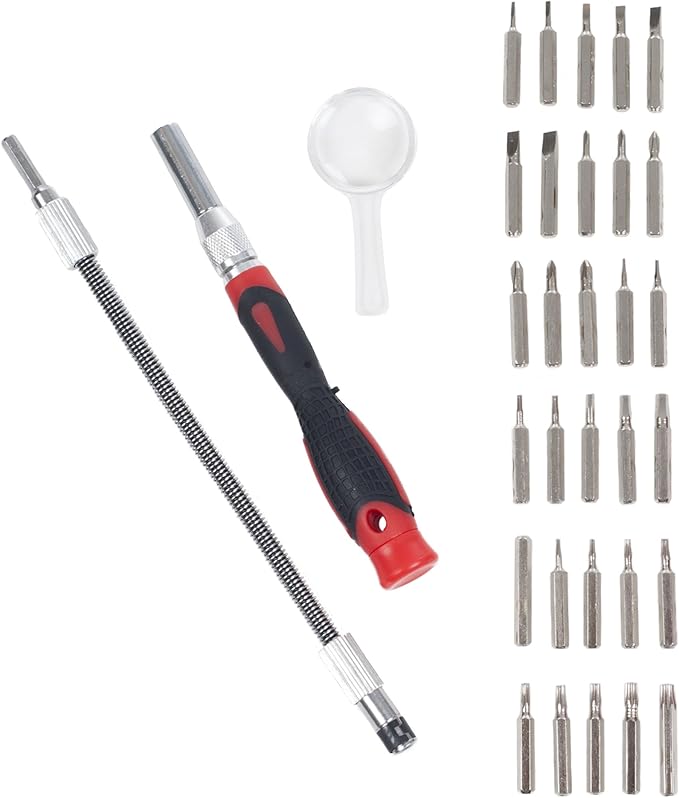 30-Piece Precision Screwdriver Set – Includes Removable Flexible Shaft, Magnifying Glass, 30 Bits, and Plastic Case – Home Tool Kit by Stalwart