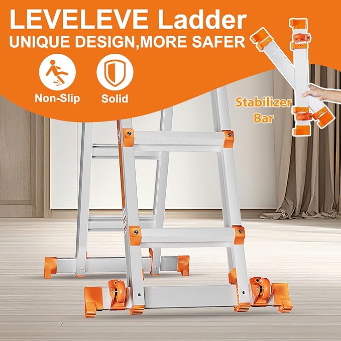 LEVELEVE 22FT Extension Ladder,A Frame 6 Step Ladder with Stabilizer Bar & Wheels,330 lbs Security Load Multi Position Ladder for Stairs Home Indoor Outdoor Roof