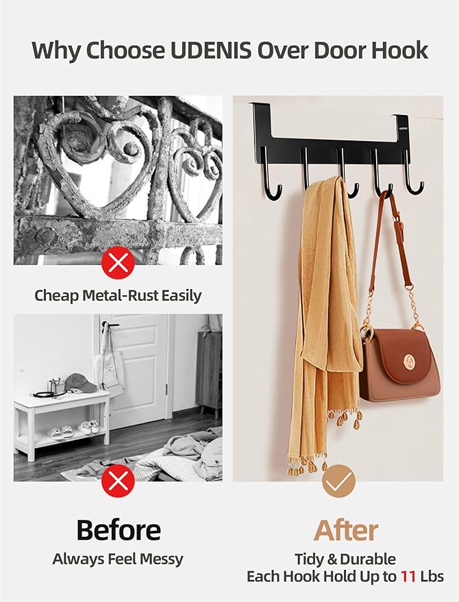 Over The Door Hooks Coat Rack,Over The Door Towel Hanger Drying Rack,Heavy Duty Aluminum Over The Door Towel Rack Hooks for Hanging Coat, Bag, Robe - 5 Hooks Black Color 2 Pack