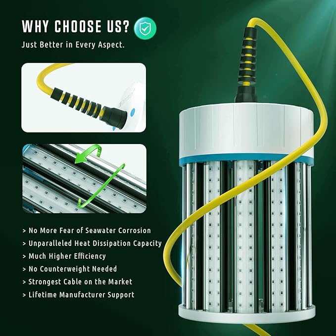 Ultra-Bright Underwater Fishing Light, 110V & 12V Green LED Submersible Light Attractants for Docks, Boats or Kayaks, IP68 Rated for Fresh & Salt Water (30ft Cable)