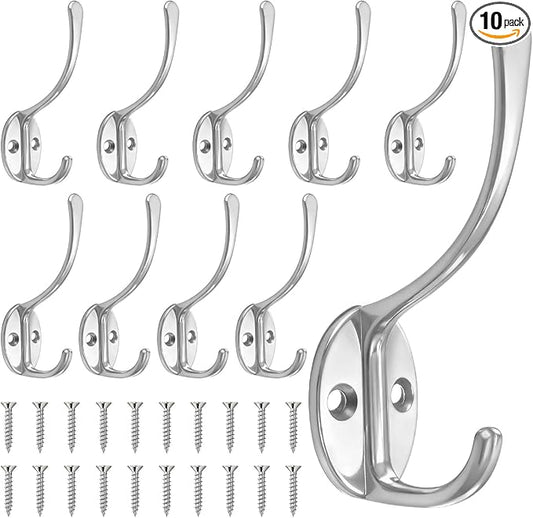 10 Pack Coat Hooks Wall Mounted with 20 Screws, Heavy Duty Silver Towel Hooks Metal Double Hooks, No Rust Retro Rustic Wall Hooks for Hanging Towel, Coat, Scarf, Bag, Hat, Cup, Key