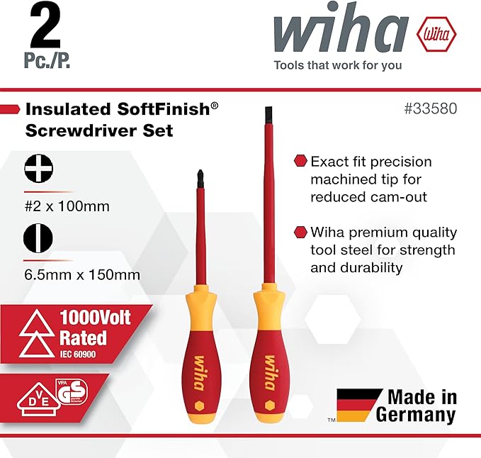 Wiha 33580 2 Piece Insulated SoftFinish Slotted and Phillips Screwdriver Set