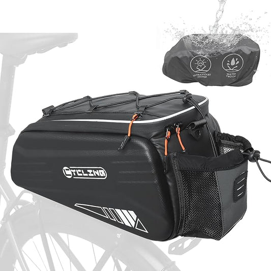 Bike Rack Bag-10L EVA Hard Shell Waterproof 3 in 1 Ebike Trunk Pannier Bag with Reflective Strip & Shoulder Strap for Commuter Travel Outdoor Cycling Accessories (Hard Shell with Rain Cover)