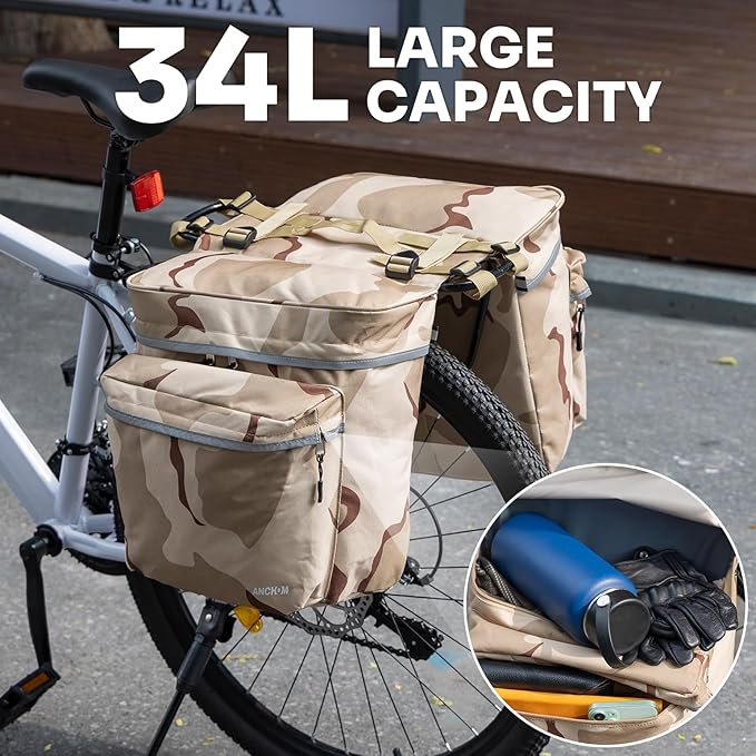 ANCHOM Bike Panniers, 34L Upgraded Water Resistant Saddle Bags for Bicycle Rear Racks, Bike Accessories for Mountain, Road & Electric Bikes, Bike Bag for Commuting, Beige