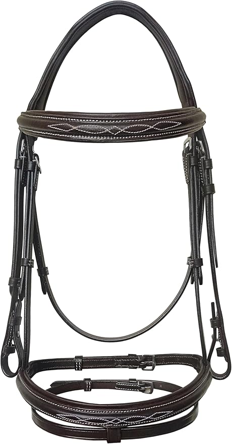 Equine Care Leather English Horse Bridle with Reins, Full Size, Choice of Browband Style, Padded Crown & Cavesson Noseband, Stainless Steel Hardware, Hunter Show Bridle.