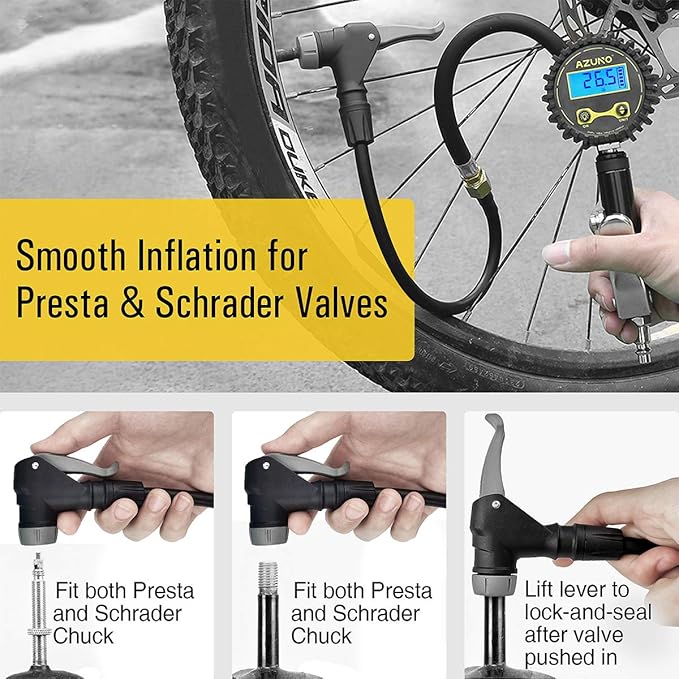 AZUNO Digital Bicycle Tire Inflator Gauge with Auto-Select Valve Type - Presta and Schrader Air Compressor Tool