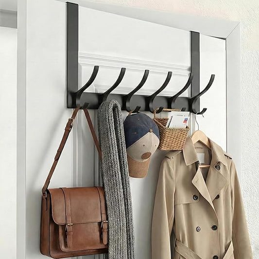 Over The Door Hooks, Sturdy Door Hanger, Large Over The Door Towel Rack with 12 Hooks, Heavy Duty Easy to Install, for Bathroom, Bedroom，Kitchen，Hanging Towels, Coats (Black).
