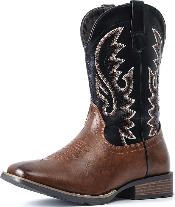 IUV Cowboy Boots For Men with Wide Square Toe Western Retro Boot Durable Classic Fashionable Embroidered Pull On Slip Resistant Boots