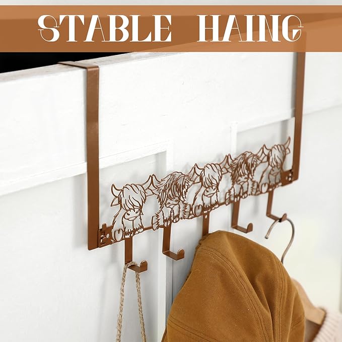 Highland Cow Over The Door Hooks Hanger Wall Mount Towel Hanger Door Holder Organizer 5 Hooks Kawaii Farmhouse Rustic Coquettish Style Decor for Bedroom Bathroom Towel Hat Clothes