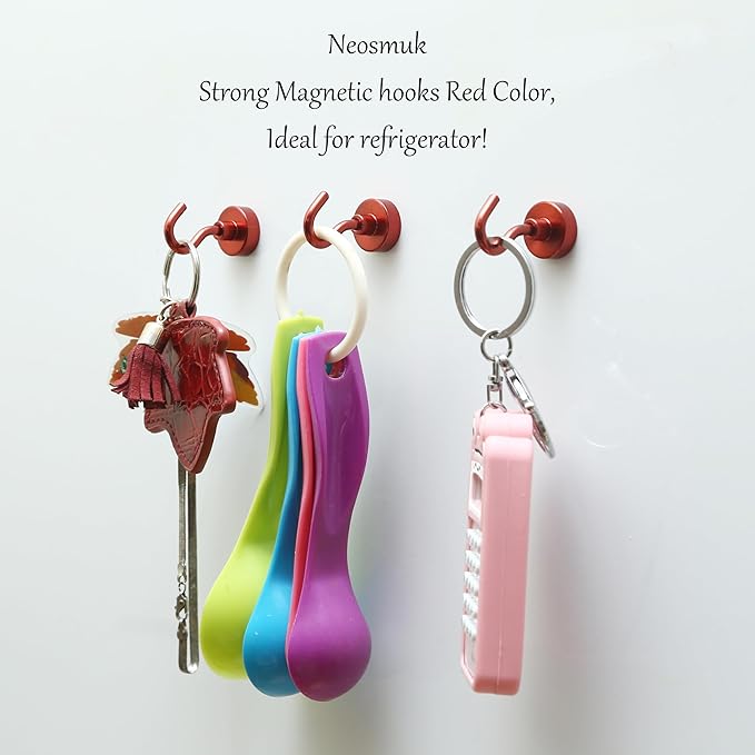 Neosmuk Magnetic Hooks, Heavy Duty 30lb+ Strong Magnet Hook for Cruise Cabins, Cruise Ship Essentials for Hanging, Metal Wall Refrigerator Hangers (Red, 10 Pack)