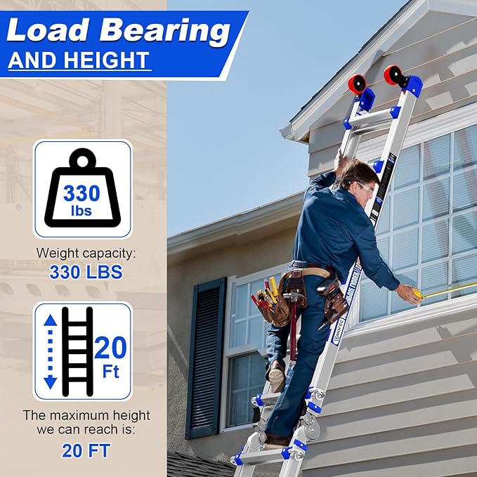 Telescoping A-Frame Ladder- 20FT Folding Extension Ladder with Wheels & Stabilizer Bar, 330lb Security Load Multi Position Ladders for Stairs Home Indoor Outdoor Roof