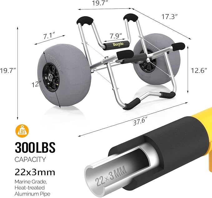 Bonnlo Kayak Cart Trolley Canoe Paddle Board Boat Cart Carrier Dolly with 12" Big Beach Wheels Balloon Kayak Transport Wheels Cart Foldable, Free Pump, 2 Ratchet Straps- Perfect for Soft Sand