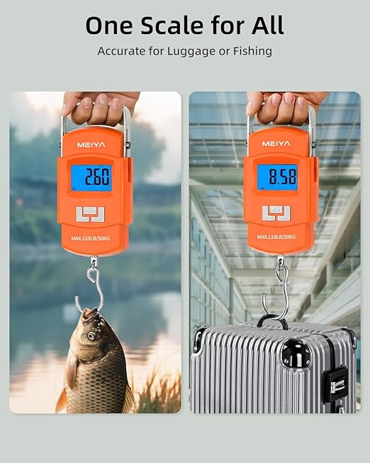 MEIYA Fish Scale 110lb/50kg Digital Fishing Scale with Backlit LCD, Portable Handle, Stainless Steel Hook & 2 AAA Batteries – Great Fishing Gifts for Men, Orange