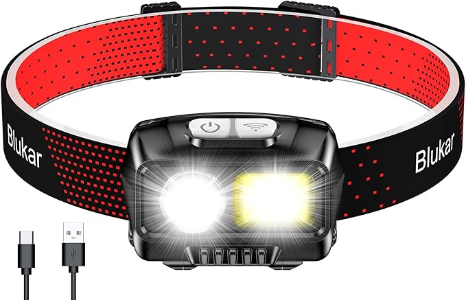 Blukar LEDヘッドランプ 充電式 2000ルーメン 超高輝度 調光可能 ヘッドライト 懐中電灯 モーションセンサー付き - 8モード スポットライト＆フラッドライト IPX5防水 キャンプ ハイキング ランニング 釣り用