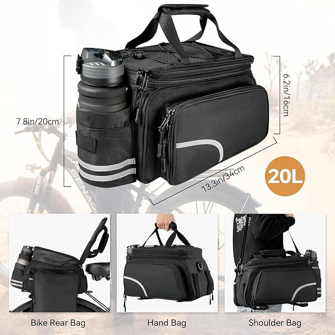 Bike Rack Bag,20L Large Capacity Waterproof PVC Bicycle Pannier Saddle Bag with Multiple Foldable Pockets for Rear Rack, Commuter Travel Outdoor Cycling Road Mountain Ebike,Reflective Strips, Black