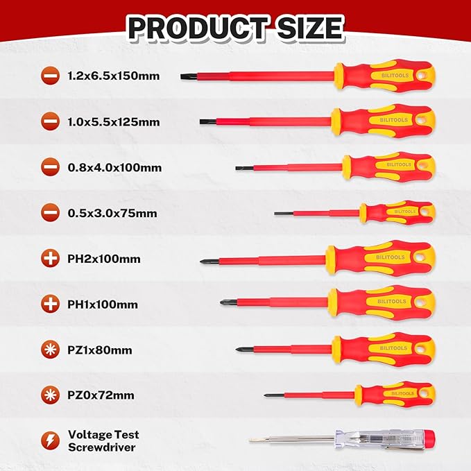 BILITOOLS Insulated Screwdriver Set, 9pcs 1000V Electrical Screwdriver Insulated VDE Tools for Electrician Magnetic Phillips Slotted Pozidriv Tips