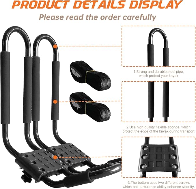 Kayak Roof Rack, 1 Pair J-Bar Roof Rack with 2 Ropes. Heavy Duty Kayak Roof Carrier for Your Canoe SUV and Trucks