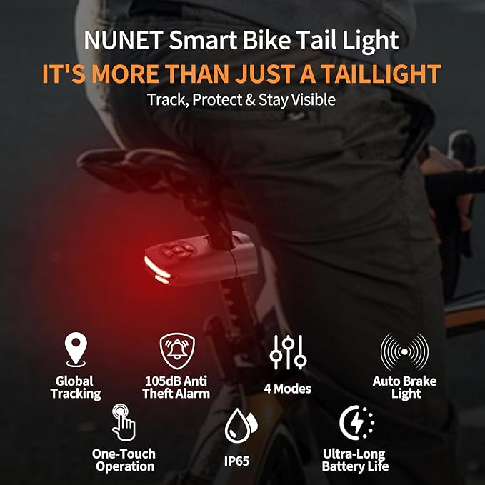 NUNET Brake Light Bike Locator GPS AirTag Anti-Theft 3-in-1 Smart Tail Light with Tracker, 105dB Alarm, Hidden AirTag Slot, Auto Brake Alert, IP65 Waterproof, Long Battery Life