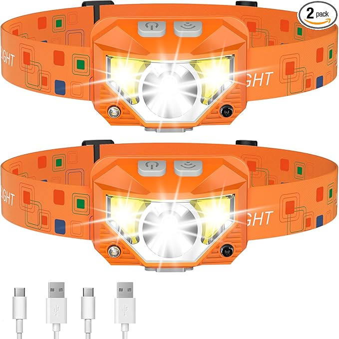 LHKNL ヘッドランプ懐中電灯、ルーメン超軽量高輝度LED充電式ヘッドライト、ホワイトレッドライト、2パック防水モーションセンサーヘッドランプ、アウトドアキャンプランニングフィッシング用8モード - オレンジ