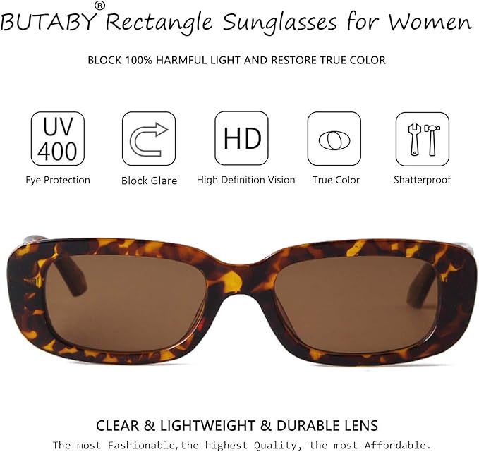 BUTABY Rectangle Sunglasses for Women Retro Driving Glasses 90’s Vintage Fashion Narrow Square Frame UV400 Protection