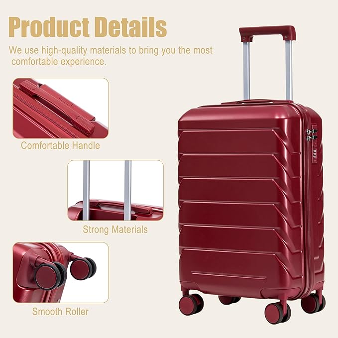 20 Inch ABS Hard Shell Travel Checked Luggage With Combination Lock, Red