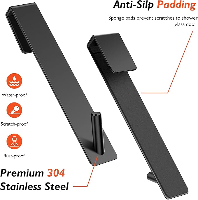 Shower Door Hooks(10 Inch),Extended Over Door Hooks for Bathroom Frameless Glass Shower Door,Stainless Steel Towel Hooks,Heavy Duty Rack Hooks for Robe,Towel-2 Pack-Black