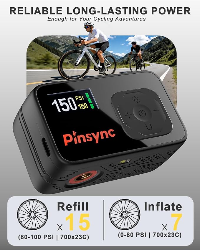 Mini Electric Bike Pump, 17S Fast Inflate 150PSI Portable Tire Pump with Digital Auto Stop, Presta & Schrader Valve Compatible for Road Bike, MTB, E-Bike
