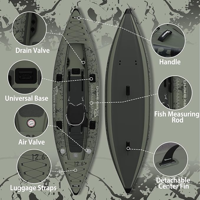 TIGERXBANG Inflatable Kayak with Detachable Seat,12.6'x40''x10.6''SUP-Kayak Set (Hand Pump/Aluminium Paddle/Backpack/and Multi-Functional Base),Adult/Kid Kayak Boat for Fishing ，Touring