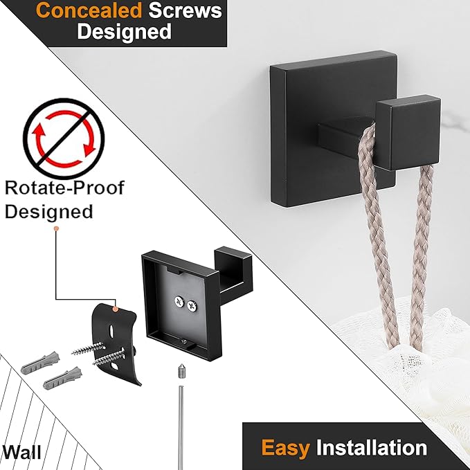 Nolimas Towel Hook Stainless Steel Bathroom Rustproof Clothes Towel Coat Hook Wall Mounted Square Toilet Kitchen, Heavy Duty Door Hanger, 2 Pack, Matte Black