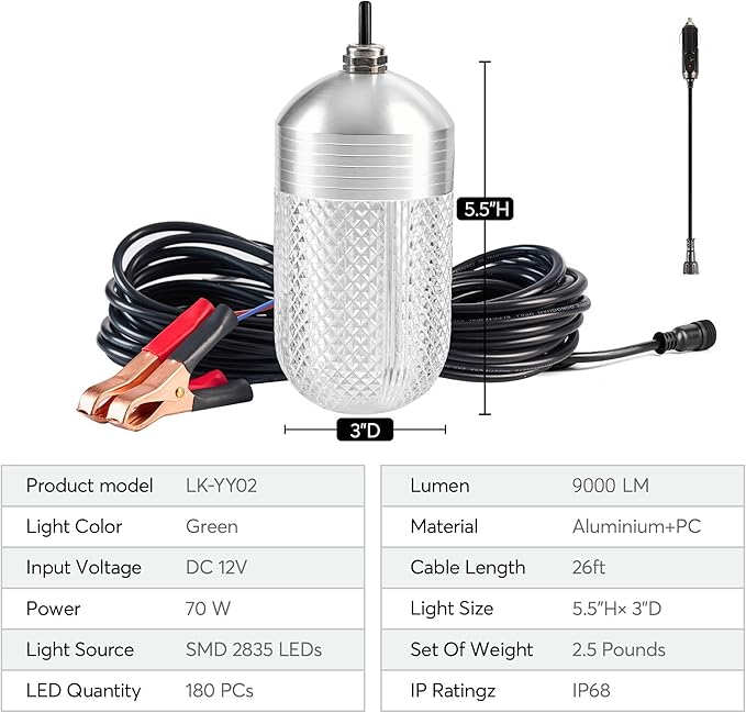 Luckerain Underwater Fishing Light 70W 12V Green Light for Fishing IP68 Waterproof 9000 Lumens High Brightness Fish Attracting Light for Docks, Boats or Kayaks,26ft Power Cord