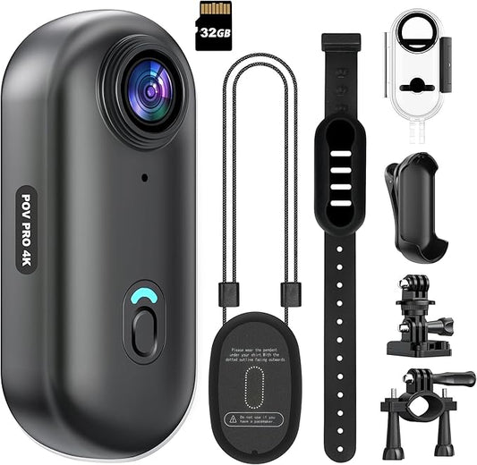 4K Mini WiFi Action Camera 32GB Thumb POV Portable Body Cam Wearable Video Recorder with IPX7 Waterproof Underwater Camcorder, Helmet Mount, Magnetic Sport DV for Bike Cycling, Pet, Vlogging(Black)