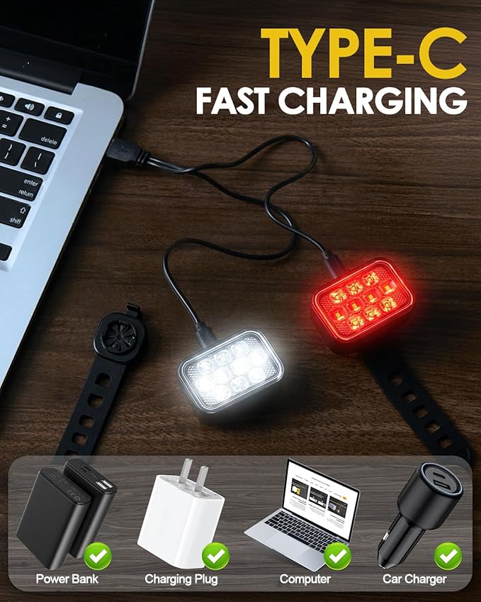 Victoper 10 LED Bike Light, 8+9 Modes USB Rechargeable Bicycle Lite, High Lumens Super Bright Bike Headlight & Taillight Set, Waterproof Safety Bike Front & Rearlight for Road, Night Riding