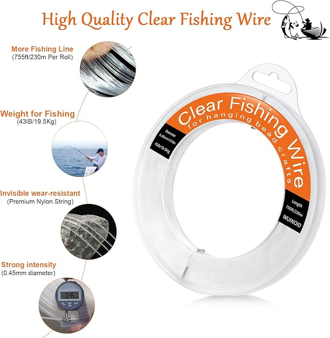 Clear Fishing Line Wire 755 ft, Invisible Monofilament Fishing Line Wire, Nylon String for Hanging Balloons Garland Crafts Picture Decorations, Clear String Threads Cords WUINOID