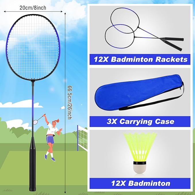 12 Pack Badminton Rackets Set Including Badminton Racquets, Nylon Shuttlecocks and Carry Bag for Outdoor Backyard Games Beginners