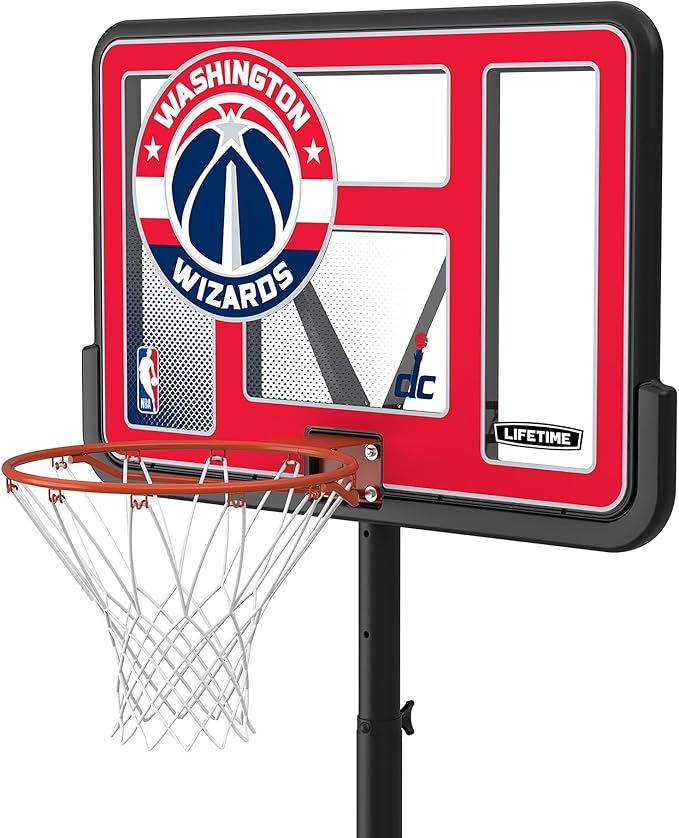 Lifetime NBA Washington Wizards Portable Basketball Hoop, Adjustable Height 7.5-10 Ft, 44 Inch Shatterproof Fusion Backboard, Base with Wheels