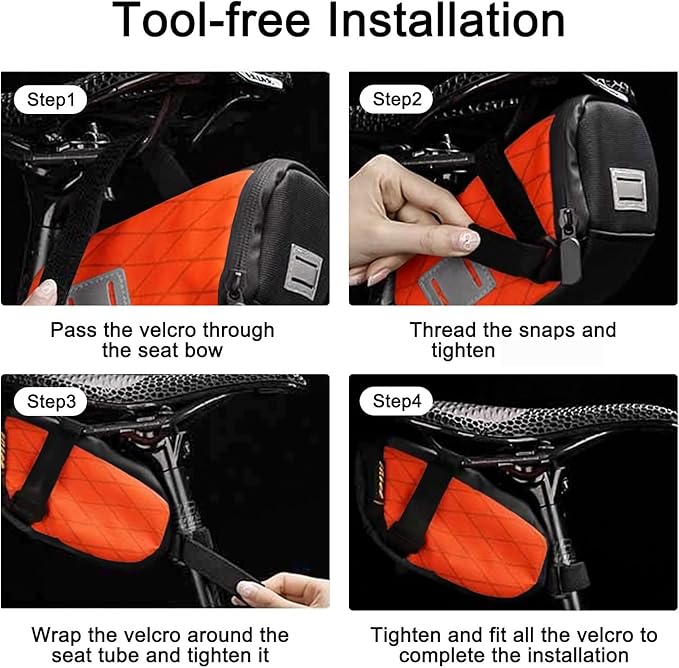 ENLEE Bike Seat Bag, Reflective Bike Saddle Bag with Taillight Hangers, Waterproof Orange Bicycle Bag Under Seat with Independent Item Partitions for Mountain/Road/Gravel Bikes, Small Size