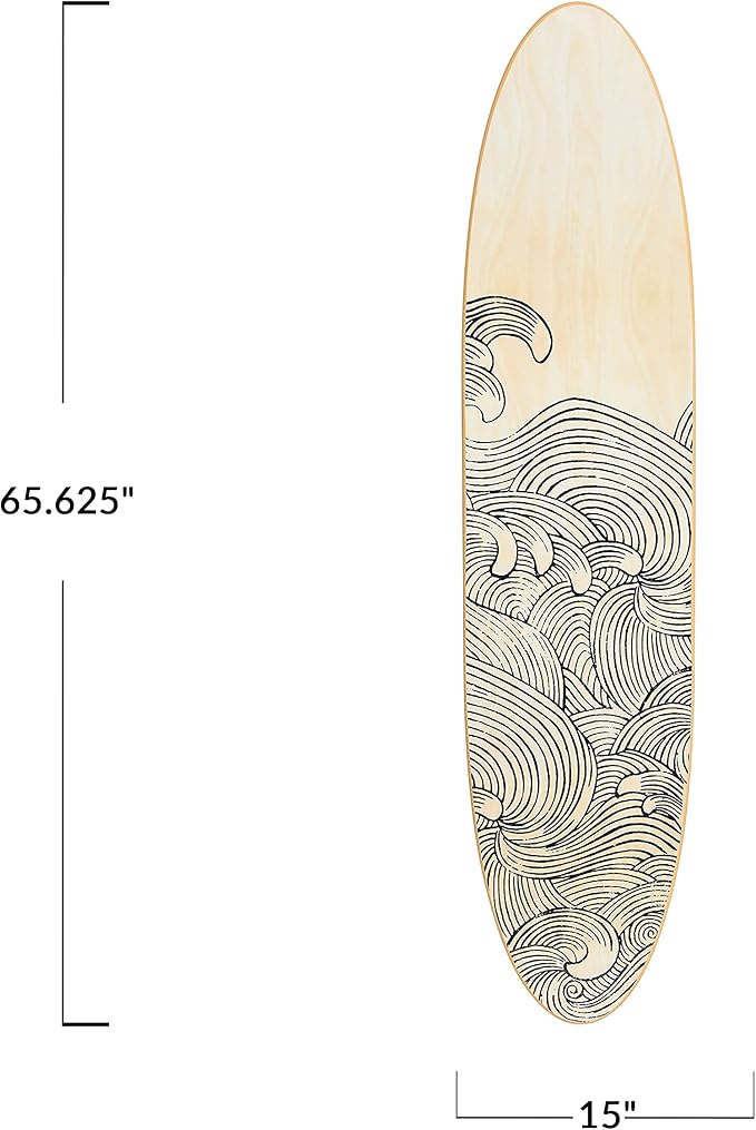Creative Co-Op Coastal Decorative Surfboard Wall Décor, Wave Design Overlaid On Natural Wood, Hangs Vertical or Horizontal