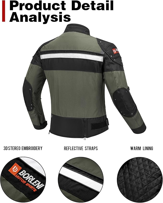 BORLENI Motorcycle Jacket Windproof Motorcycle Full Body Protective Gear CE Armor Suitable for All Seasons,Green,M