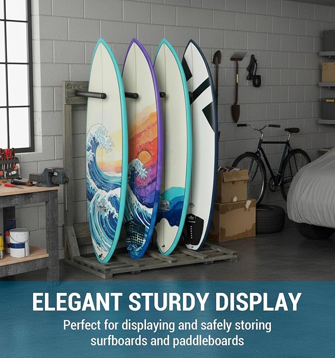 MyGift 4-Ft Tall Rustic Burnt Wood Freestanding Vertical Surfboard Rack, Wakeboard SUP Paddleboard Storage Rack - Holds up to 4 Boards