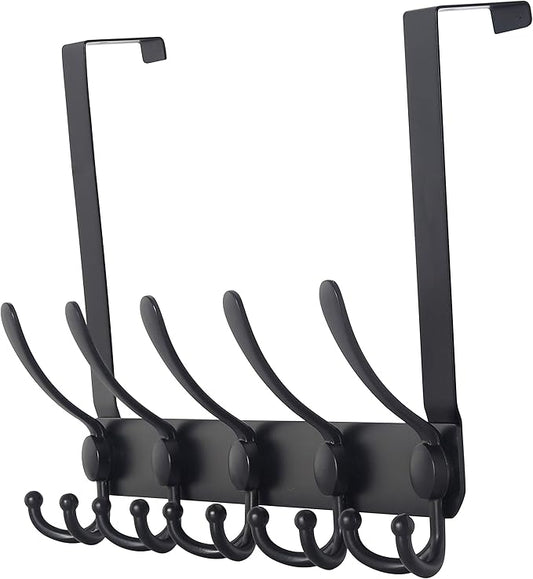 Dseap Over The Door Hook Hanger - Fits 1 3/8" to 1 3/4" Standard Doors | 5 Tri Hooks Heavy Duty Towel/Coat Rack | Door Organizer for Clothes, Jackets, Hats, Towels, Black