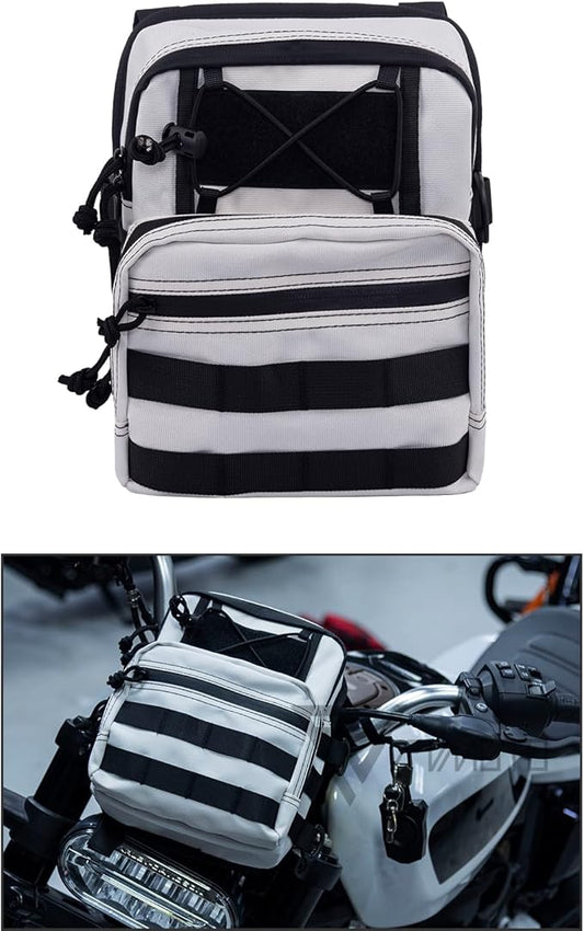 Motorcycle Universal Club Style Utility Molle Traveller Bar Handlebar T-Bar Bag Handle Bags, Fit For Harley Dyna Street Bob Softail Sportster, Tool Pouch Trunk Storage Bag, White Sand Pearl