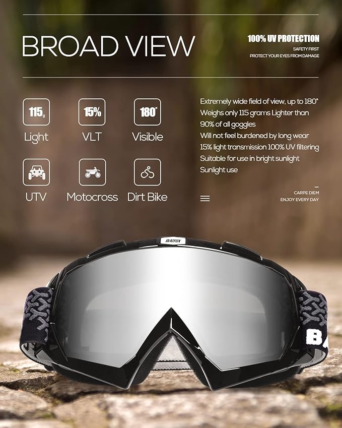 Dirt Bike ATV Goggles Motorcycle Gear Riding Motocross Dirtbike 4-Wheeler MX DH Accessories Goggles Glasses for Men Women Youth UV400 Protection Dust-proof Anti-Slip Strap