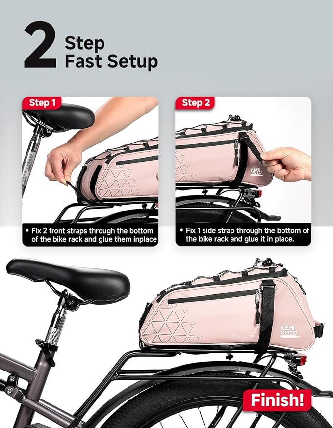 KEMIMOTO Rear Bike Rack Bag - 8L PVC Water Resistant Ebike Bags for Bicycle Rear Rack, Bicycle Trunk Pannier for Commuter Travel Shopping and Cycling (Pink)